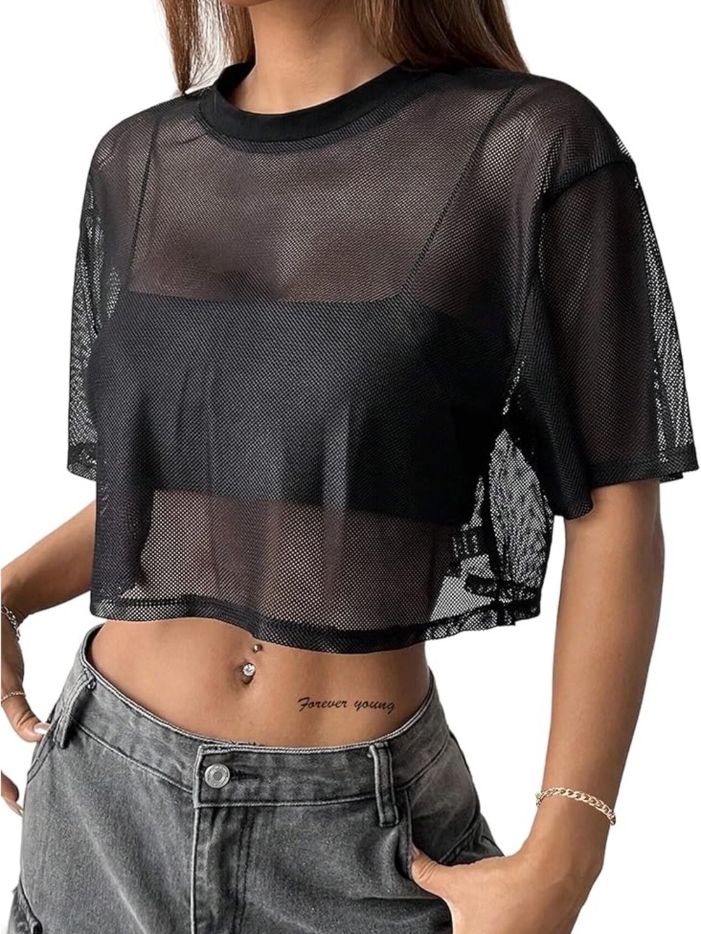 Black Sheer Mesh Short Sleeve Top